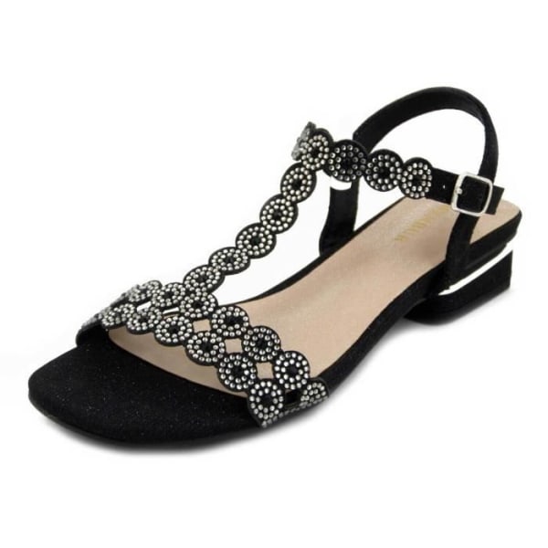 MENBUR svart sandal för kvinnor med små silvernubbar - åtdragningsspänne - 2 cm platt klack