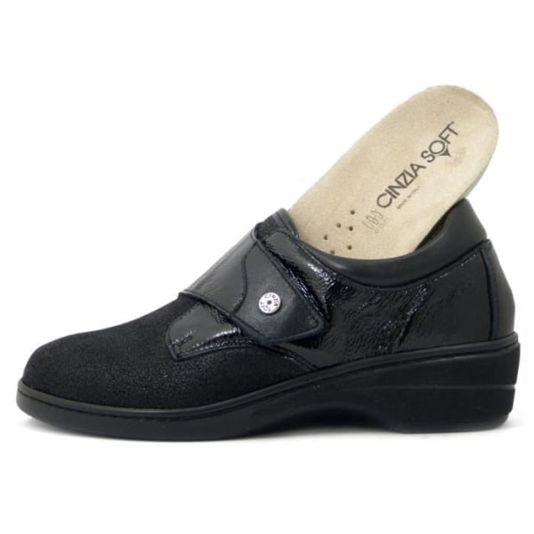 Cinzia Soft Comfort Moccasin för kvinnor - Glänsande läder och svart stretchtyg - Uttagbar innersula