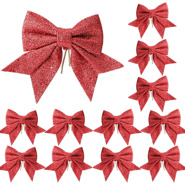 12pcs Glitter Christmas Bows, Silver Bows for Christmas Tree,  Wreaths Bows Xmas Bow Decorations, Sequin Bow Ties Christmas Bows for Xmas,Red