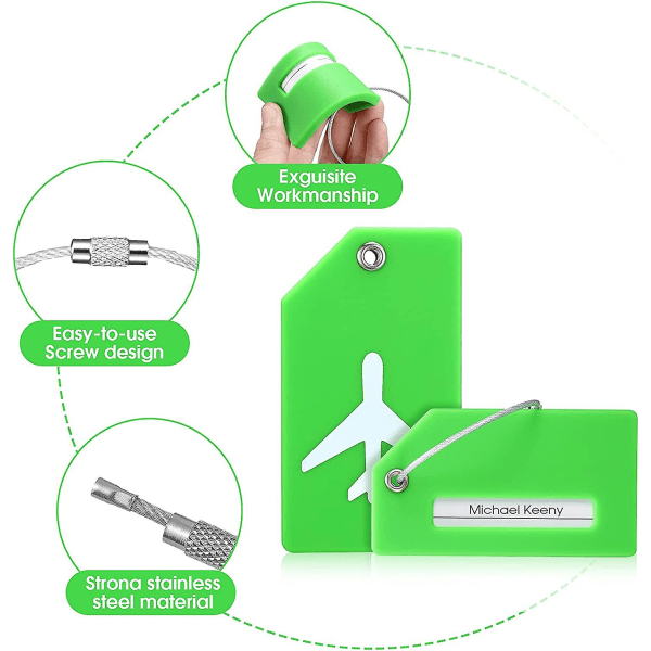 8 stk. bagasjelapper i silikon for reiser, navn inkluderer kort med delvis personvernomslag og rustfrie stålløkker for sikker festing (grønn)