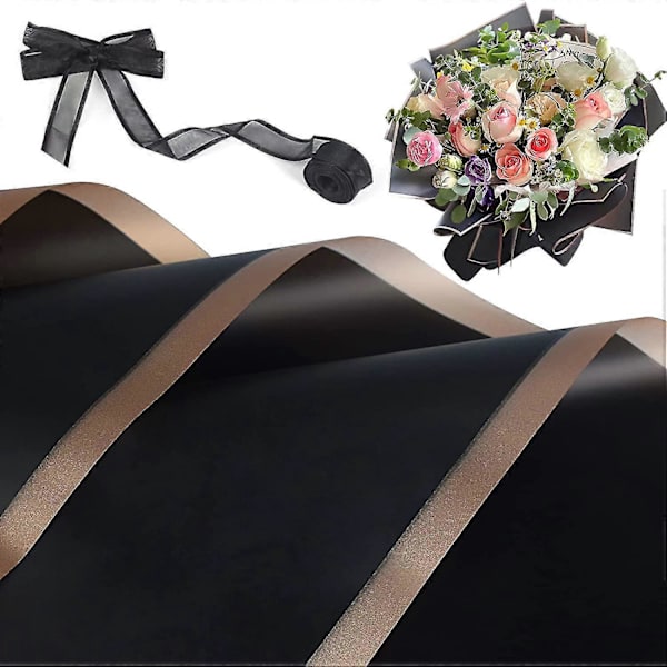 20 ark blomsterpapper vattentätt floristbukett med band för buketter DIY hantverk förpackning bukett, 58x58 cm (svart) - SNNGV