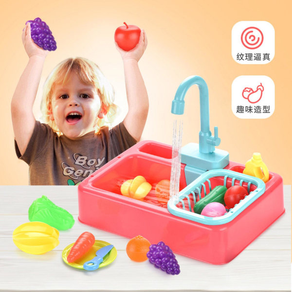 19 stk Legetøj til køkkenvask med rindende vand Pædagogiske gaver til piger, drenge Pink