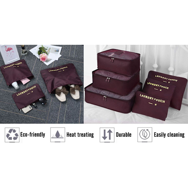 Reisearrangør Pakkeposer, 6 PCS Reisepakkekuber Sett for Klær Reisebagasje Organisasjonsposer Oppbevaringsposer Wine Red