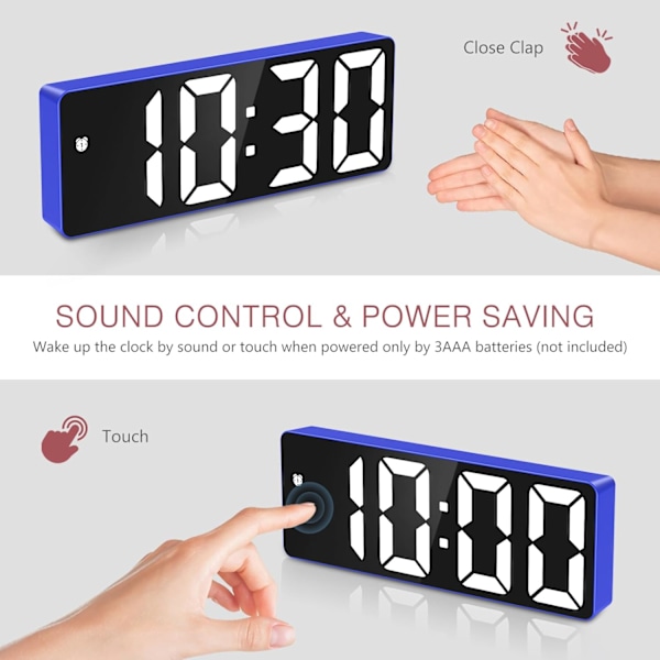 Digital väckarklocka, sängklocka med röst- och beröringsaktivering, batteridriven/USB-driven digitalklocka med stor LED-display, snooze-funktion Blue & White