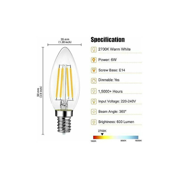 LED-pære, varmt hvid, dæmpbar, 600LM 6W erstatter 60 watt stearinlys LED-pære
