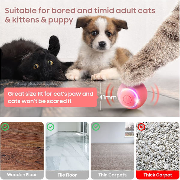 Interaktiv katt leksak boll husdjur leksak boll med LED-ljus automatisk roterande intelligent för katt inomhus, USB-laddningsbar (rosa)