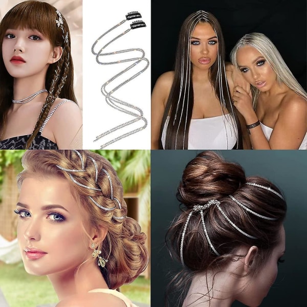Rhinestone hårkæder sølv krystal punk hårklemmer extensions flettet hårklemme kvast bling lang rhinestone dekorativ til kvinder piger fest gave
