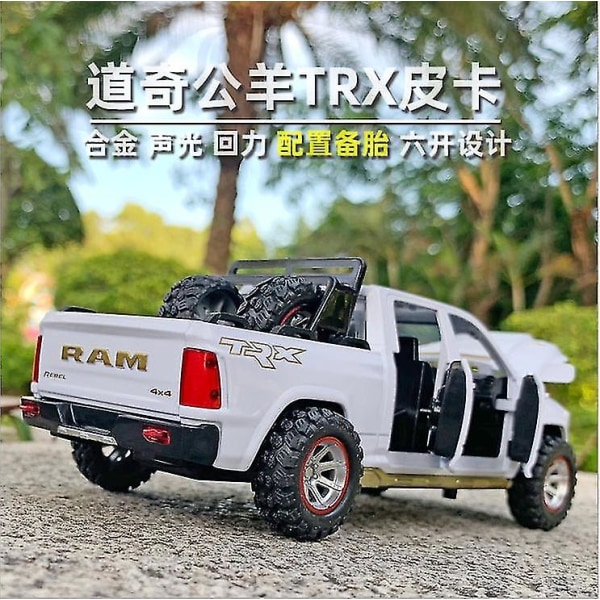 1:32 Dodge Ram -malli, jossa vararengas, ääni ja valo, paluulelu lasten syntymäpäiville white