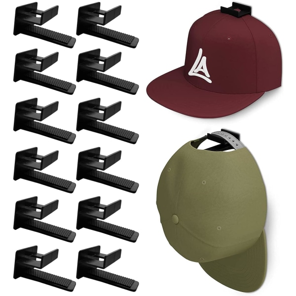 Selvklebende hattehylle-visningskroker for vegg og dør (12 pakke) baseballhetteholder, skap- og oppbevaringsorganer, hettehenger, ingen boring (svart)