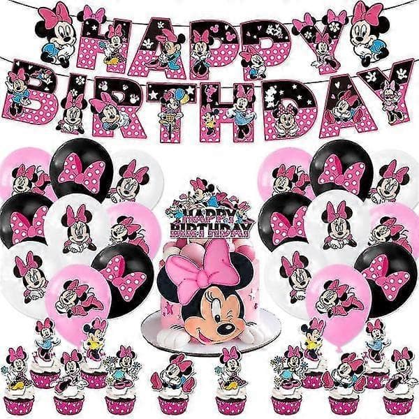 Minnie Mouse Børnefødselsdag Dekorationer Tilbehør Banner Balloner Kagepynt Sæt