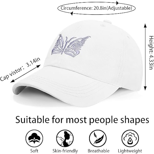 Dame Baseball Cap - Sommerfuglemønster Dame Baseball Cap Justerbar 100% Bomuld Peak Cap Golf Løbehat Udendørs Sports Caps til Kvinder UK White One Size