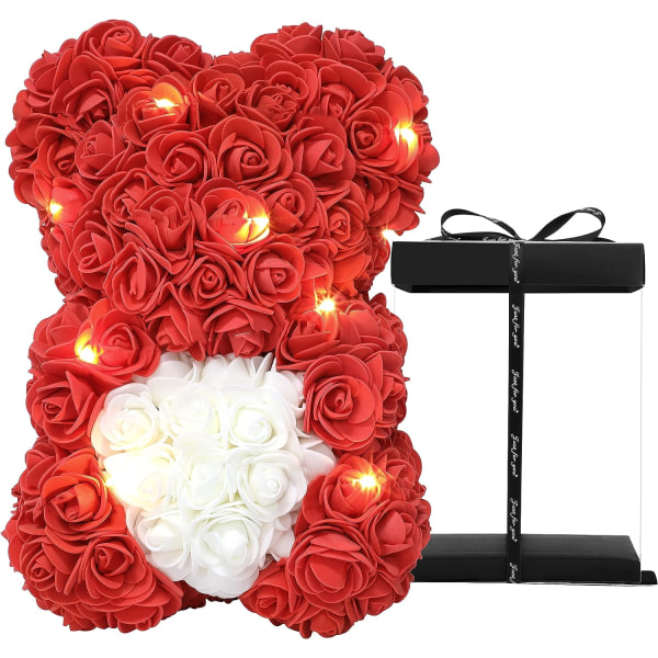 Mors dag Rose Bear Gifts , Rose Nalle Handgjorda Blombjörn Presenter till - Rose Nalle med present till Alla hjärtans dag, Mors dag (röd)