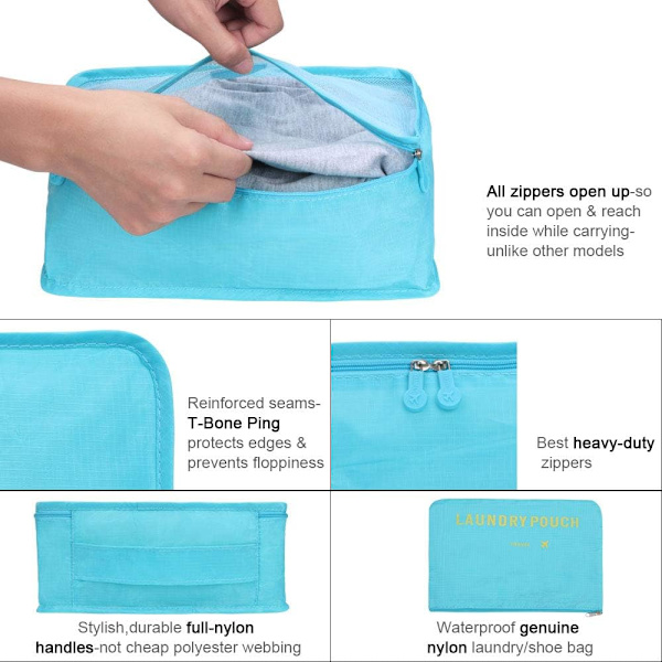 Reisearrangør Pakkeposer, 6 PCS Reisepakkekuber Sett for Klær Reisebagasje Organisasjonslagerposer Light Blue