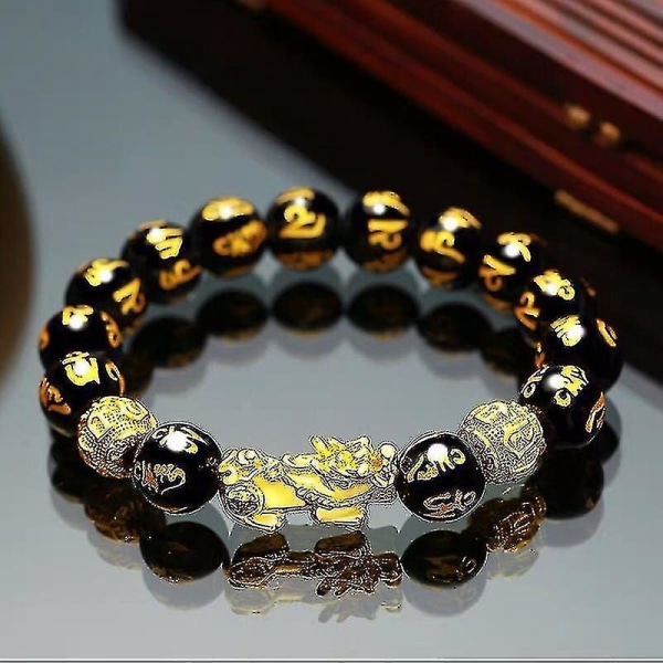 Feng Shui Obsidian Stone Beads Armbånd Armbånd Guld Sort Pixiu Wealth Good Luck Dame Armbånd