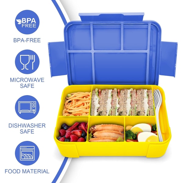 Bento-lounasrasia lapsille, Bento-lounasrasia aikuisille, jossa on 5 lokeroa ja 1 salaatinkastikkeen säiliö, välipalabaari lapsille ja aikuisille töihin kouluun Blue