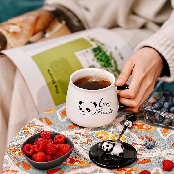 Søt keramisk kaffekopp med lat panda, 3D panda-lokk og skje, 3D panda kaffekopp, krus, nyhet, kaffekopp, tekopp, melkekopp, gave