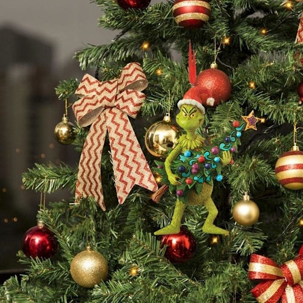 Hyllor Grinch Hängande Ornament Juldekorationer Hängsmycken, Rolig Resin Grön Grinch Juldekor för Hem Fest (Grinch med Träd)