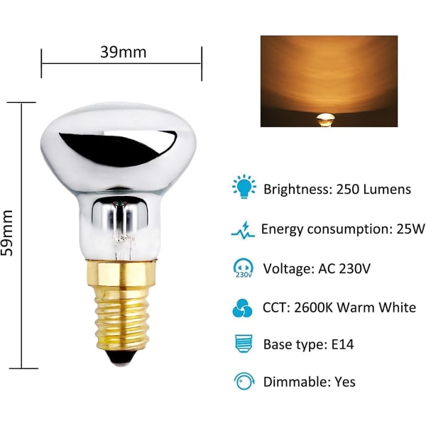 E14 R39 25w lavalampa glödlampa, dimbar, varmvit 2600k, 250lm, små reflektorlampor för värmebubblampa, raketlampa, glitterlampa, 3-pack