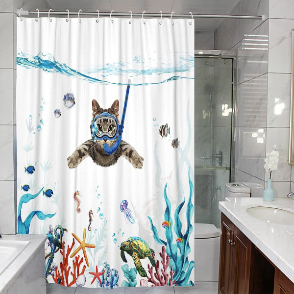 Sjovt kattebruseforhængssæt Teal Blue Ocean Ocean Vandtæt stofbruseforhæng med dyr Octopus Starfish Turtle Anchor Fish Nautical Bathroom