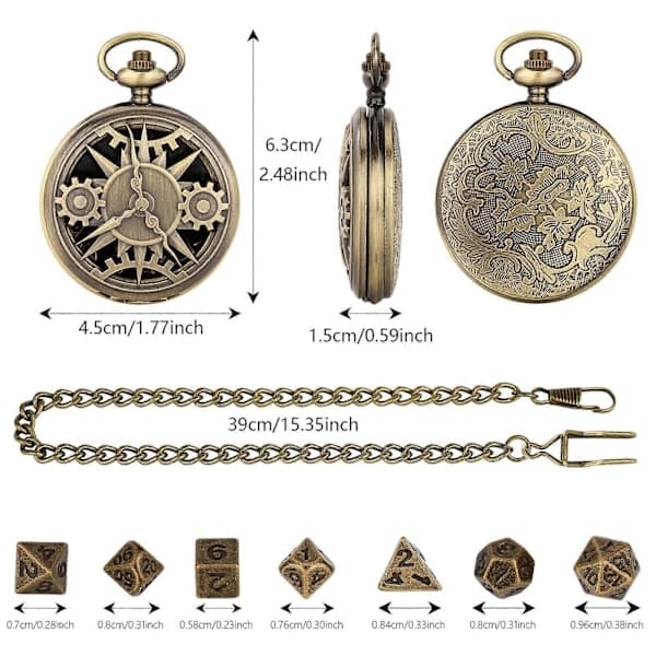 Mini DND terningesett med terningesett, 7 polyedriske metallterninger, steampunk-stil klokke, bronse