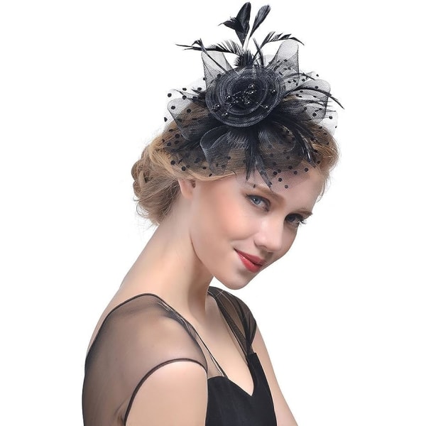 Fascinators Hat for Women Ladies Wedding Fascinators Tea Party Hat Flapper Pillbox Hat Ascot Race Hat Feather Flower(musta)