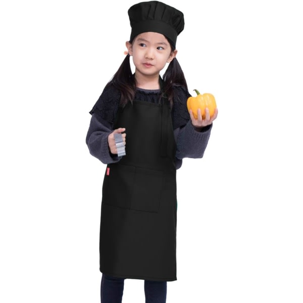 Børneforklæde og sæt Justerbart børneforklæde med 2 lommer Søde drengepiger køkkenforklæde til madlavning Bagemaleri (6-12 år, sort)