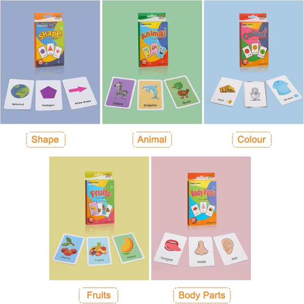 Pedagogiska Flash-kort, 5-pack Förskolelärande Flash-kort, Djur Färgform Frukter Kroppsdelar för småbarn Barn Barn Baby Tidig inlärning