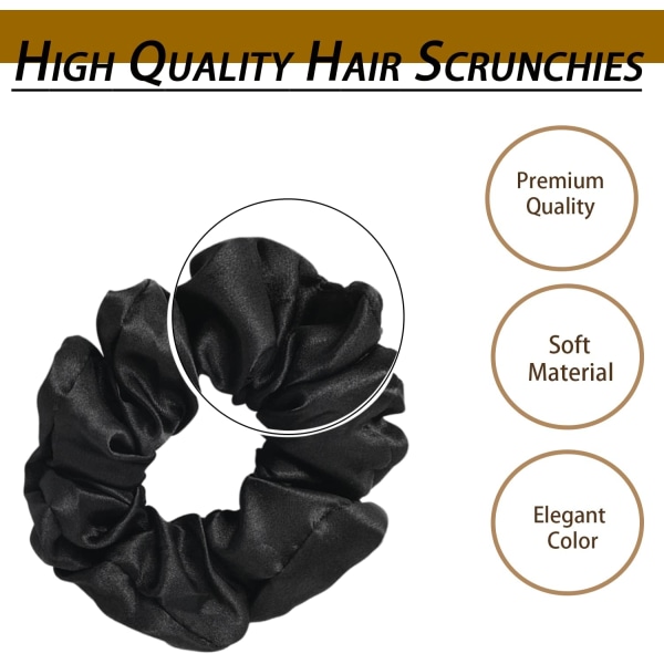Hair Scrunchies for kvinner, 4 STK sateng silke stretchy hårbånd, svarte hårbånd, for tykt hår, krøllete hår Sporløst frizz jenter (svart 4 stk)