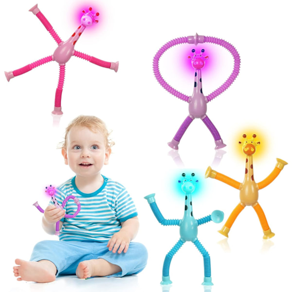 LED Teleskopisk Suggekopp Giraff Leke, 4 Stykker Nye Barn Suggekopp Leke, Morsomme Fidget Leke, Pop Tubes Sensoriske Leke for Barn 4 Pcs Giraffe With Light