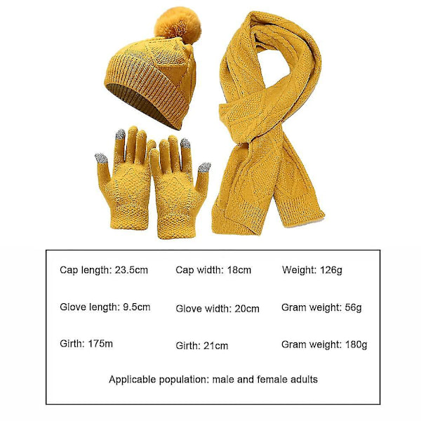 Vintermössa + lång halsduk + vantar Set för kvinnor och män - yellow
