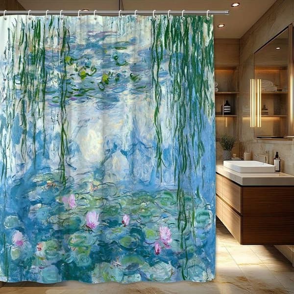 Vannliljer Dusjforheng av Claude Monet, Oljemalerier, Lotus, Dam, Blomster, Hagebilde, Polyesterforheng, 80x180 cm
