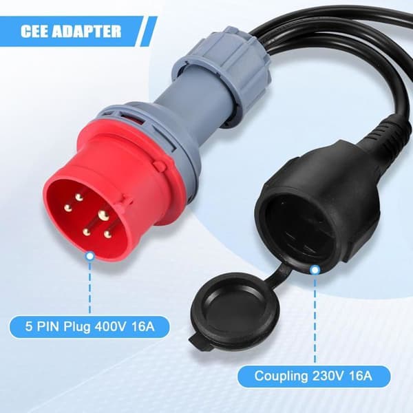 CEE-adapter, 400V 16A til 3 x 230V Schuko-stikdåser, IP44 strømfordeler med hængslet dæksel, adapterkabel