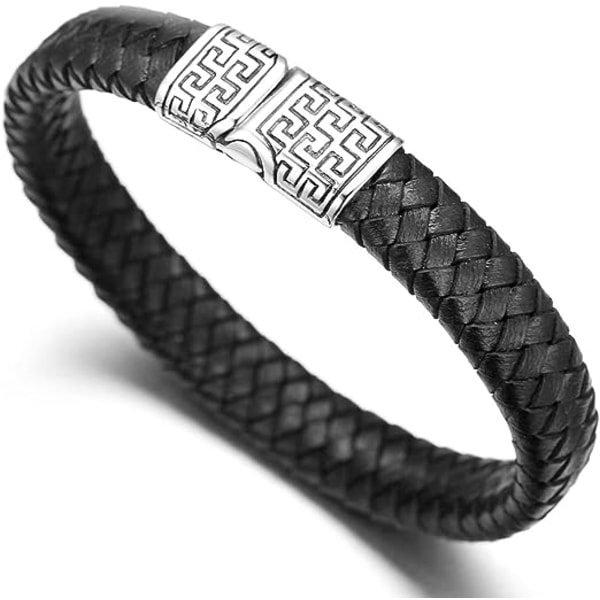 Läderarmband för män, svart flätat, titanmagnetlås, 21,5 cm