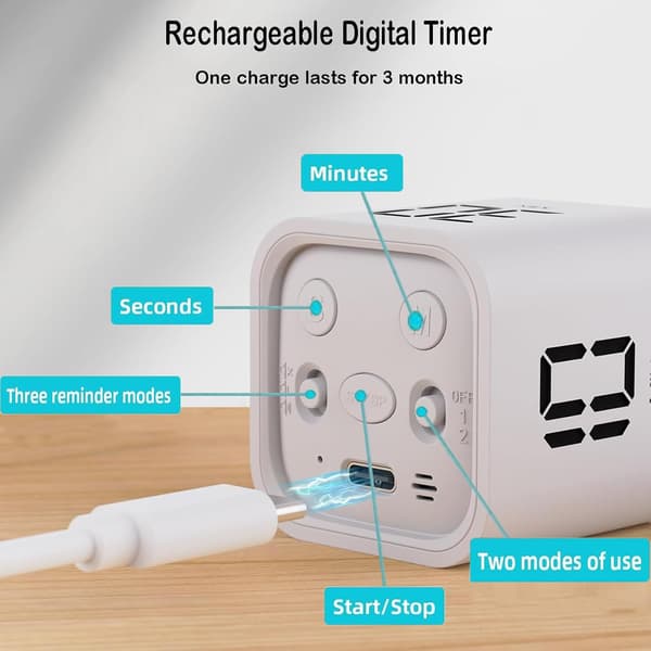 Digital kubtimer, kökstimer gravitationssensor flip timer, barntimer för. White