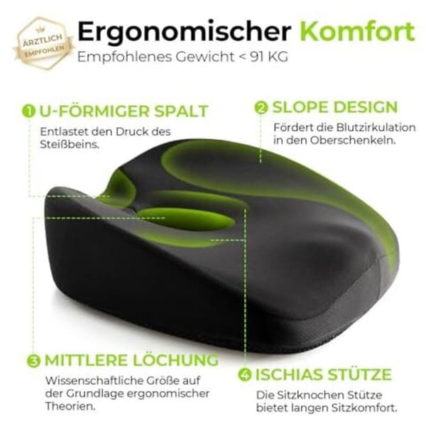 Ortopedisk sittdyna, ergonomisk sittdyna för hemorrojder med perforeringar och U-formad design, bekväm sittdyna