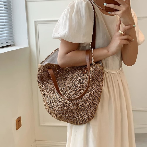 Håndvævet blød stor strå skuldertaske Retro Boho Tote tasker sommer strand vævet taske Rattan håndtaske - Brun -