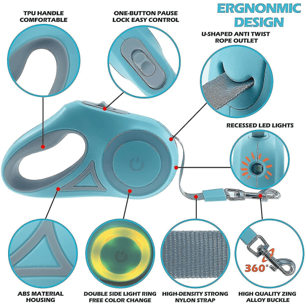 Indtrækkelig hundeline til hunde med LED-lommelygte, gåture med hundesnor til hvalpe, små og mellemstore hunde, snor med én hånds bremse, fri bevægelse, én knap
