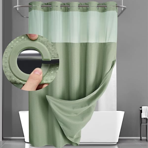 Dubbelskikts duschdraperi utan krokar – 180×190 cm – bikakemönster – med innerfoder – halvtransparent voilefönster – magnetisk botten Grön Green