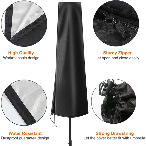 Parasolbetræk Vandtæt 600D Oxford-stofterrasseparaplybetræk med lynlås (190 * 30 * 50 cm), til 2,5 m 2,7 m 3 m udendørs paraply til have (sort)