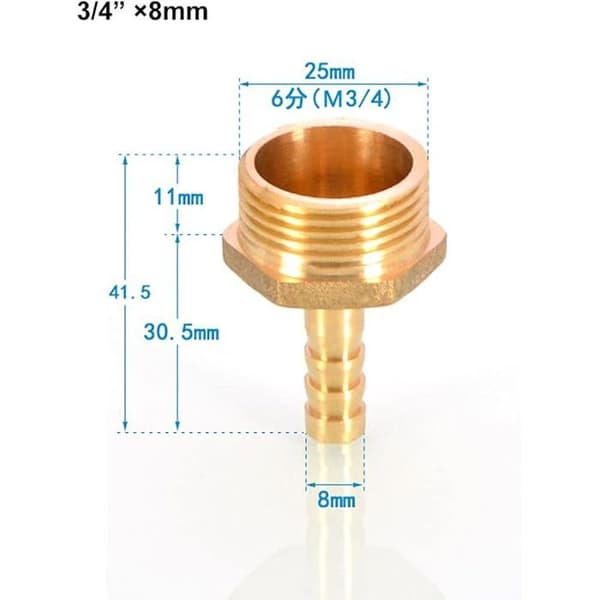 3 stk. messing piggtrådslangekobling 8 mm til 3/4\" utvendig BSP-gjenge nippel slangeadapter