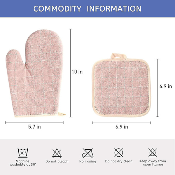 Grydelapper og grydeunderlag sæt 4 stk, rosa grydelapper sæt med grydelapper til ovn Hy