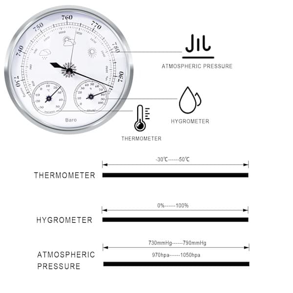 Analog vejrstation, barometer, termometer, hygrometer (Sølv, 128 mm) sølv silver