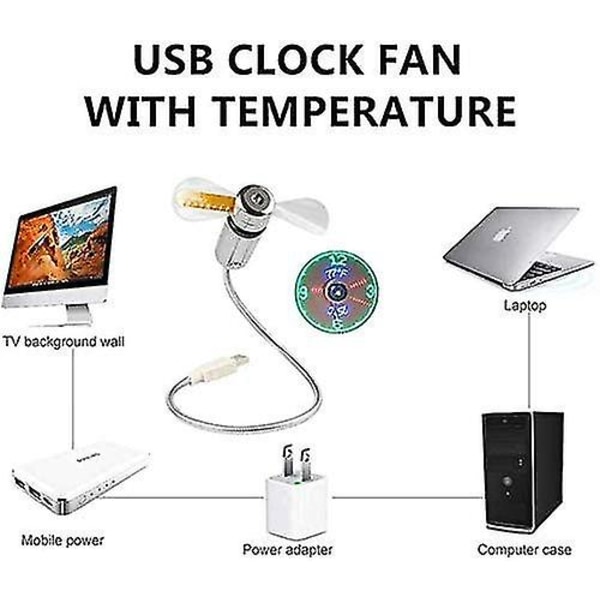 Ny USB-klockfläkt med realtidsklocka och temperaturvisningsfunktion, silver, 1 års garanti (temperatur och klocka)