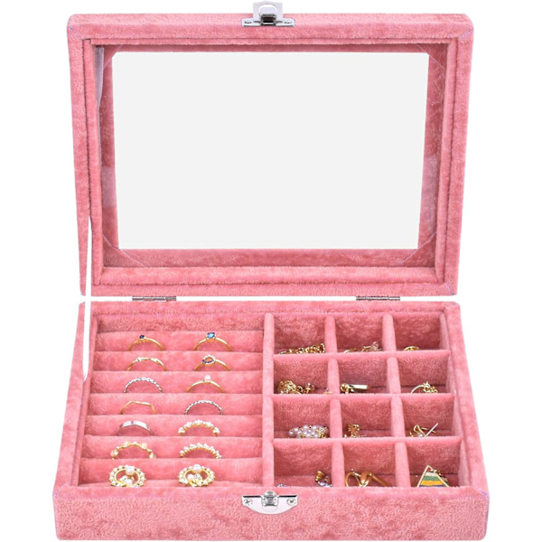 Smykkearrangørboks, Smykkeudstillingsboksbakke med glaslåg, Multifunktionel smykkeopbevaringsboks, Smykkeudstilling til smykker (Pink)