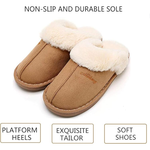 Dame tøfler minneskum fluffy slip-on hus semsket skinnforet/antisklisåle, innendørs og utendørs