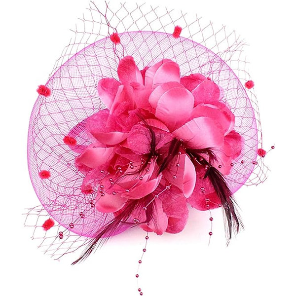 Dam Fascinator Pillbox Hatt Kvinnor Blomma Bowler Hatt Fjäder Bröllop Cocktail Hatt Hårklämma Fest Hatt Hårtillbehör med Hår(Rose Red) Rose Red