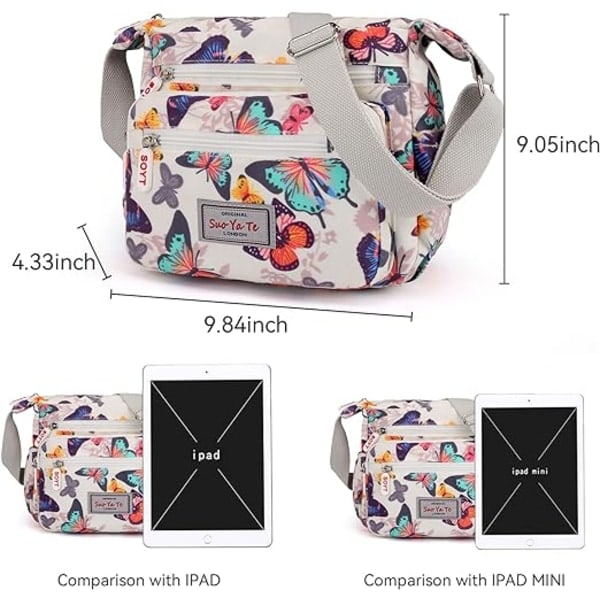 Kvinners multi-lomme vesker, casual crossbody vesker vanntett nylon skulder vesker (Butterfly White)