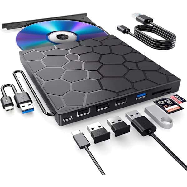 Eksternt CD/DVD-drev, 8 i 1 USB 3.0 Ultra-slankt bærbart, CD-brænder eksternt diskdrev (sort)