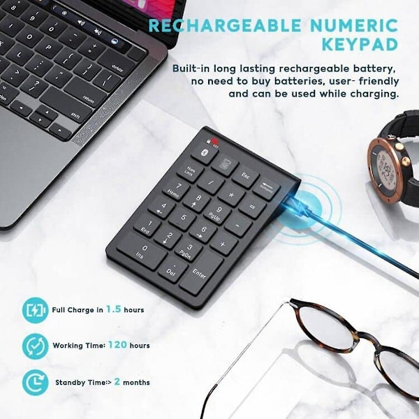 Trådløst Bluetooth numerisk tastatur, 22-tasters bærbar slank numerisk tastatur...