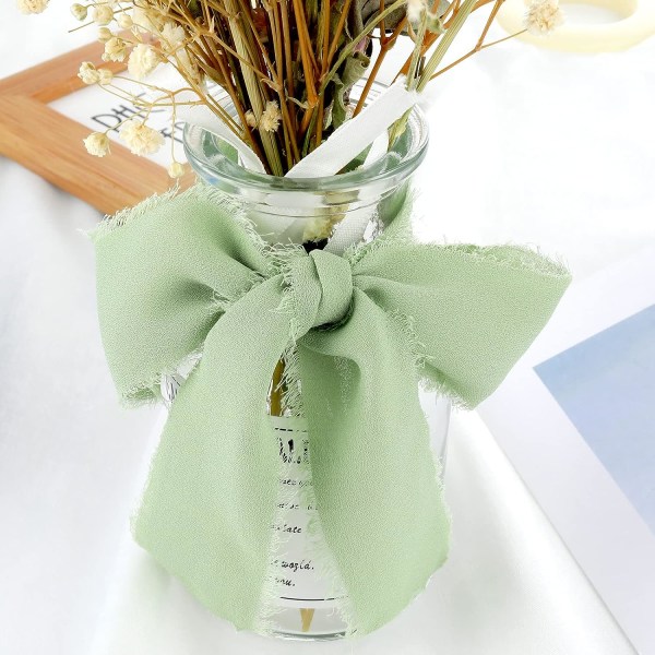 3 ruller 1,5" håndlavede frynser chiffon silkebånd Flossede kanter bånd til bryllupsinvitationer, brudebuketter, gaveindpakning (grøn)